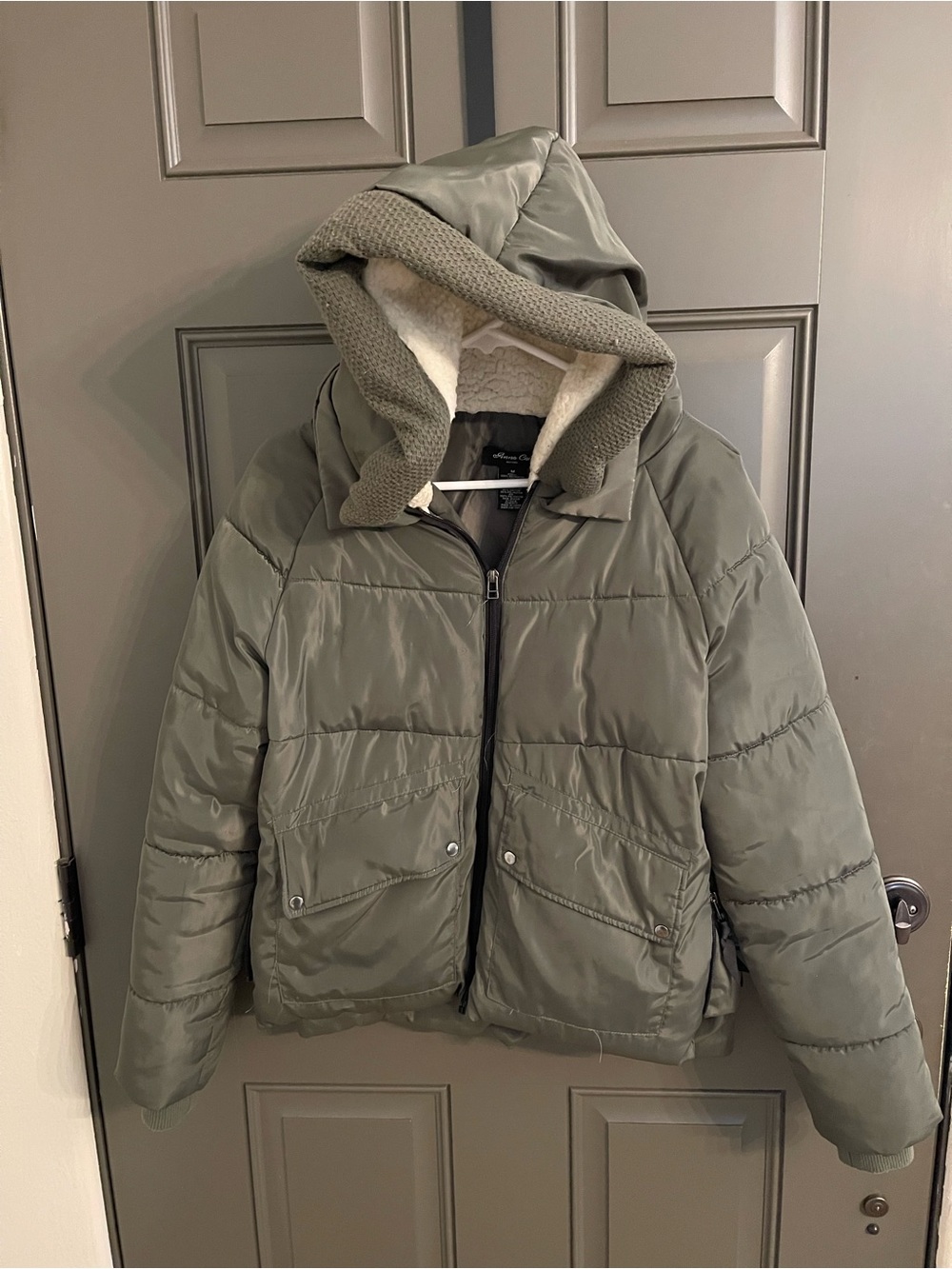 Womens Olive Green Puffer Jacket with Hood